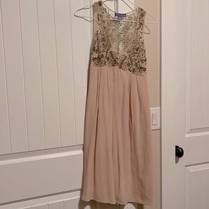 Anthropologie Dil Nude Silk Dress with gold embroidered top and lined.